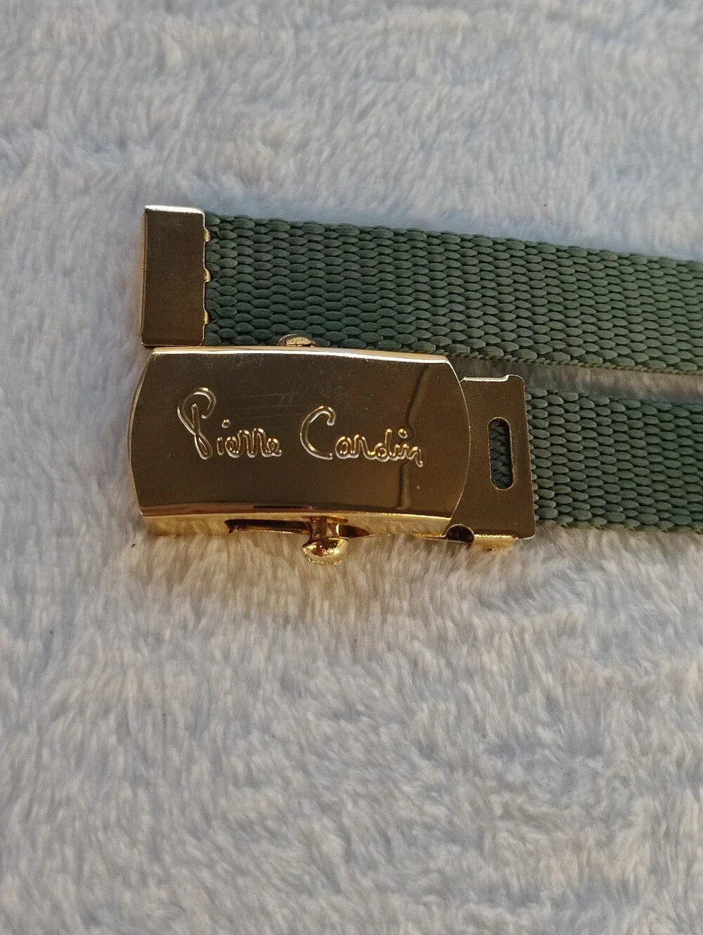 Vintage Pierre Cardin Olive Webbing Belt with Gold-Tone Logo Buckle